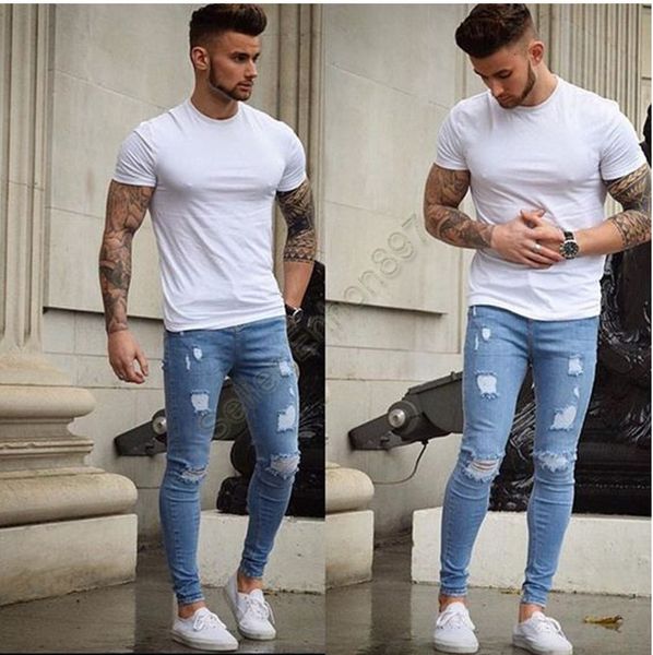 

new fashion style fashion men's jeans color skinny fit spliced ripped jeans high street destroyed biker men mt19, Blue