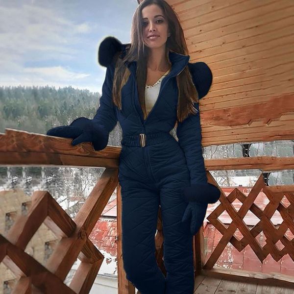 

women's jumpsuits & rompers one piece ski suit women winter fur hooded jumpsuit cotton padded sashes parka zipper overalls tracksuits 2, Black;white