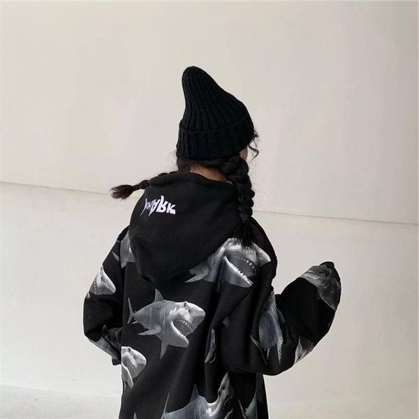 

2020 harajuku shark printed hooded oversized loose long sleeve white ulzzang hoodie streetwear females cool animal hoodie funny, Black
