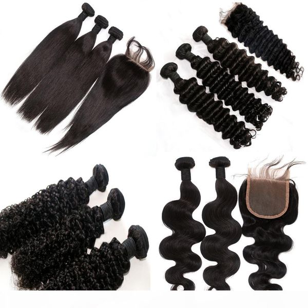 

brazilian hair weave buy 3pcs hair get one lace closure unprocessed malaysian indian peruvian mongolian human hair extension, Black