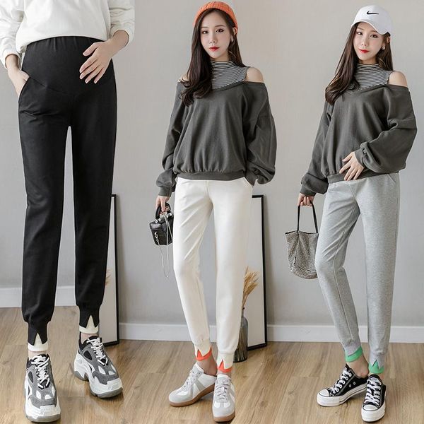 

913# maternity pants spring autumn casual pants loose slimming comfy belly support elastic waist maternity trousers, White