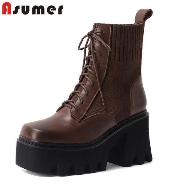 

asumer 2020 new fashion thick bottom ankle boots women genuine leather shoes cross tied autumn winter casual shoes ladies, Black