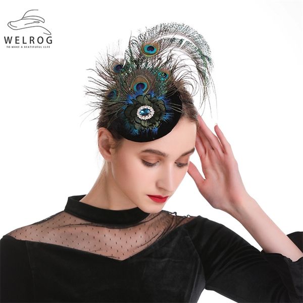 

welrog natural peacock feather fascinators retro colorful rhinestones inlaid small beret tea party head wear velvet fascinator t200508, Blue;gray