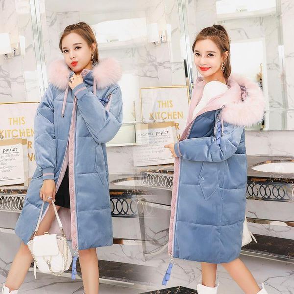 

long parkas women plus size thick winter coat fur hooded zipper slim warm outwear pockets long bubble korean feminino jacket1, Black