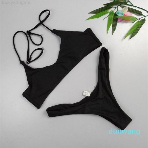 

factory3c8ipiece fashion- brazilian new 2 solid thong swimwear women plus size swimsuit halter bikini set simple bathing suit, White;black
