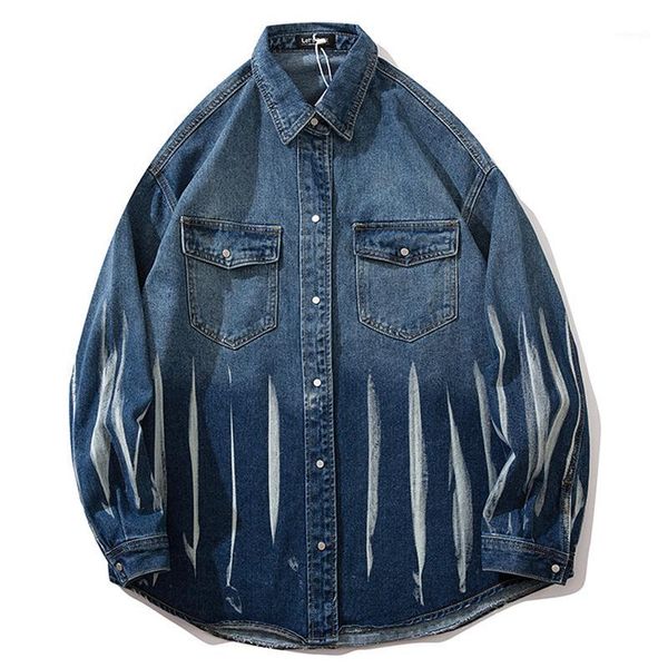 

tie dye streetwear gradient hip hop new fashion mens vintage punk rock loose cowboy jeans jacket blue coats male1, Black;brown