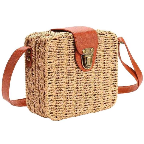 

beach rattan bag small crossbody sling bag square straw bag( brown