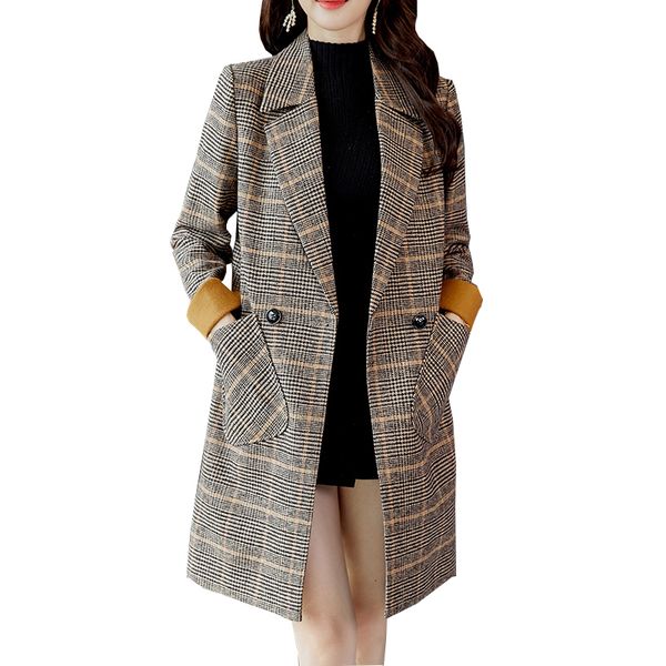 

2020 autumn winter wool women plaid pockets blends office work fashion lady slim lapel long sleeve woolen coats, Black