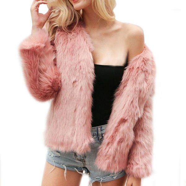 

new winter elegant women long sleeve faux fur thick warm slim v neck open stitch lady plus size fur fluffy faux outerwear1, Black