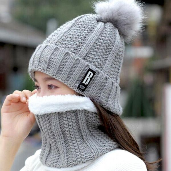 

2020 тенденции моды 2pcs шарф hat set женщины дамы новейшие зимы теплые помпонами вязаные шарфы повседневный толстые подогреватели, Blue;gray