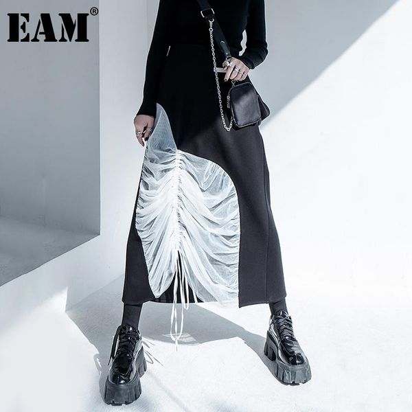 

skirts [eam] high waist black mesh drawstring irregular thick long half-body skirt women fashion tide spring autumn 2021 1dd3990