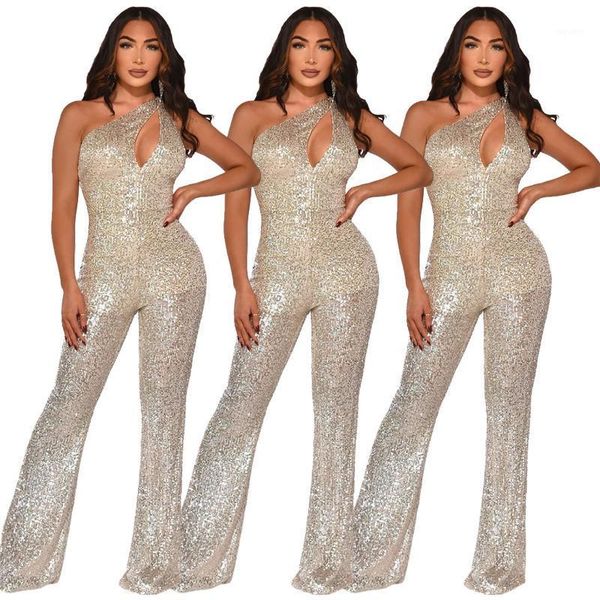

meq403 women's sequin cloth hollow slant shoulder wide leg nightclub jumpsuit women party party street casual1, Black;white