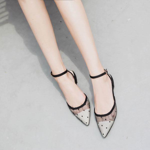 

2021 new summer polka dot style lace pointed out versatile female apartments buckle comfort of a button sandals 2e8s, Black