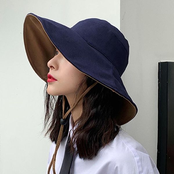 

bucket cap outdoor fashion with chin strap double sided foldable summer wide brim travel women sun hat ladies uv protection, Blue;gray