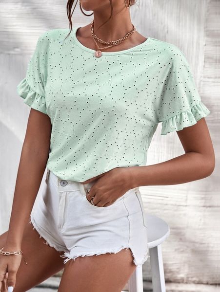 

flounce sleeve eyelet embroidery tee s4vl#, White