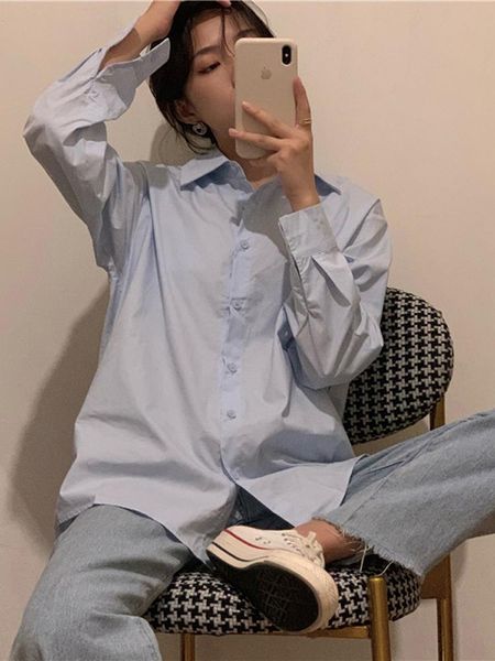 

early autumn hong kong style languid shirt chic design sense minority long sleeve blue shirt women's korean loose fashion, White