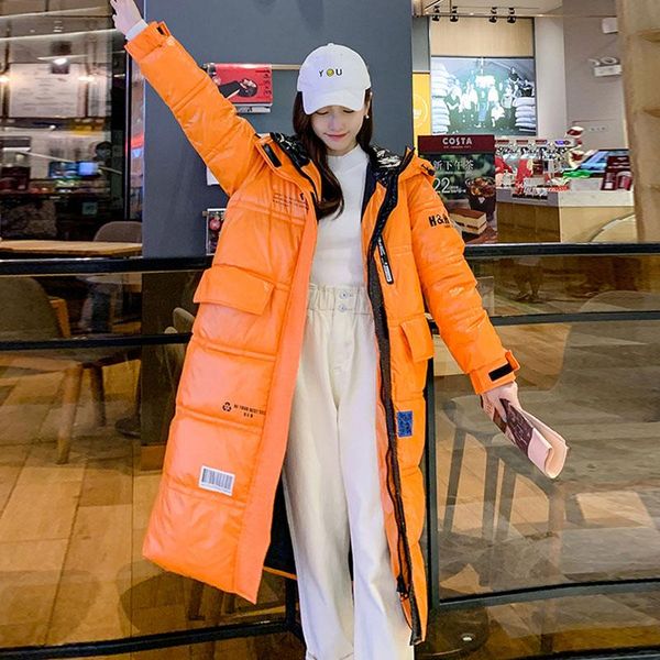 

winter women's long glossy jacket 2021 new fashion down cotton coat windproof warm outerwear hooded women parka large size dh156, Black