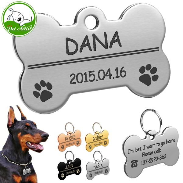 

customized stainless steel pet dog and cat bone anti loss name identification label