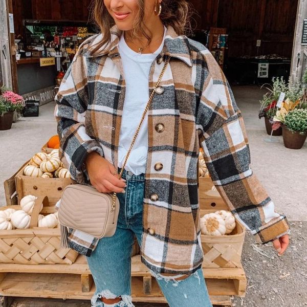 

winter 2021 new plaid jacket coat women streetwear long leeve thick wool coat fashion pocket oversized lapel autumn shirts coats, Black;brown