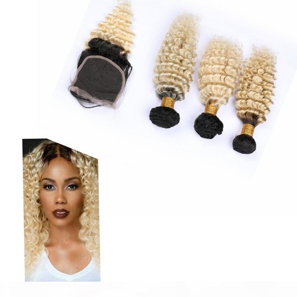 

indian ombre hair weave with closure 4" * 4" #1b #613 deep wave ombre virgin human hair bundles, Black;brown