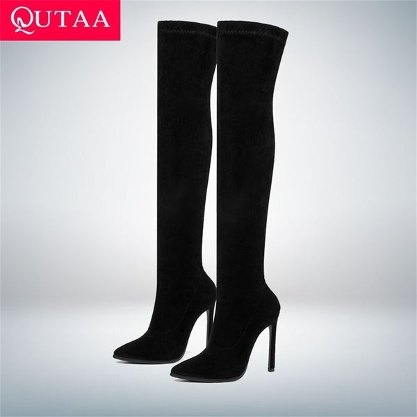 

qutaa 2020 winter over the knee women boots stretch fabrics high heel slip on shoes pointed toe woman long boots size 34-43 y200723, Black