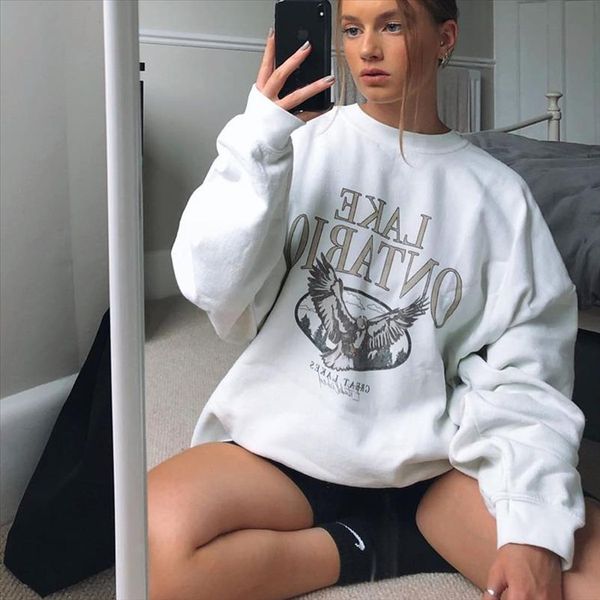 

vintage eagle letter print oversized sweatshirts women o neck pullovers 2021 autumn fashion streetwear loose casual winter girls, Black