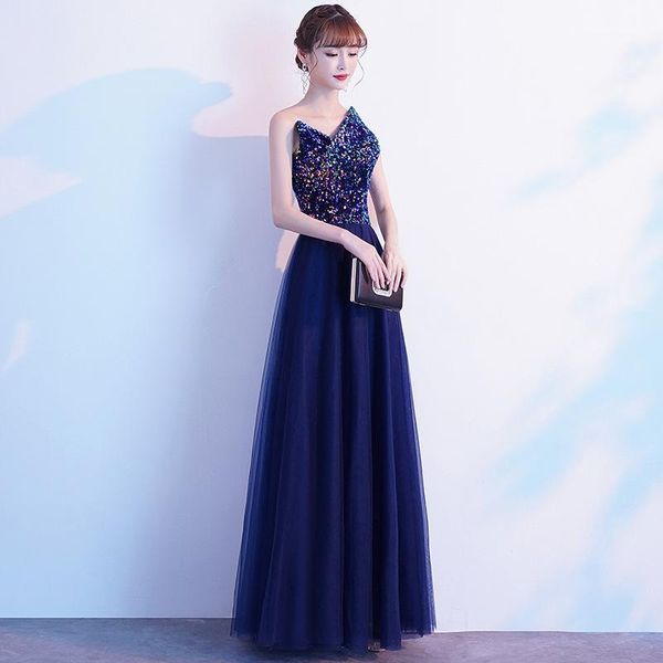 

ethnic clothing blue one shoulder oriental party female sequins stage show full length qipao elegant celebrity evening dress banquet dr, Red