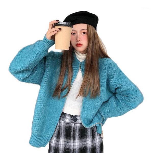 

2021 autumn winter women cardigan zipper sweater ladies fashion solid woolen slim long sleeve thick coat simple design outwear1, White