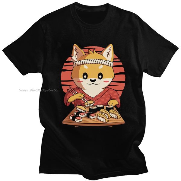 

sport kawaii shiba inu dog t shirt men cotton graphic t-shirt short sleeved funny eating japanese sushi tshirt anime tee gift