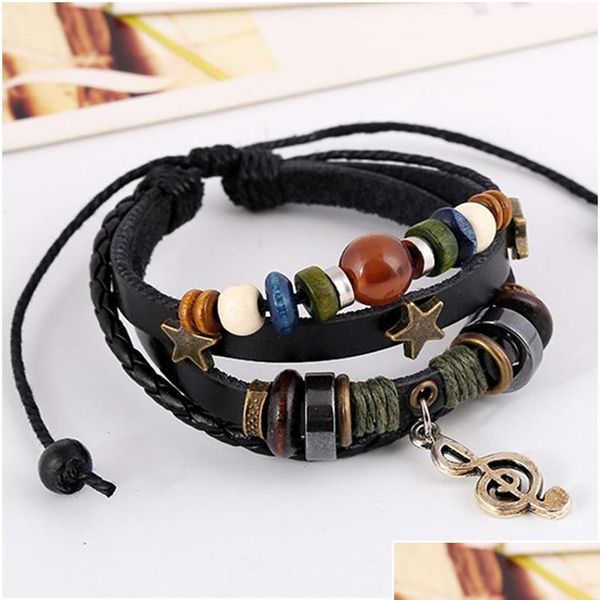 

boho gypsy hippie black brown leather star g clef musical note metal charm wooden beads wrap layers jlligl yummy_shop, Golden;silver
