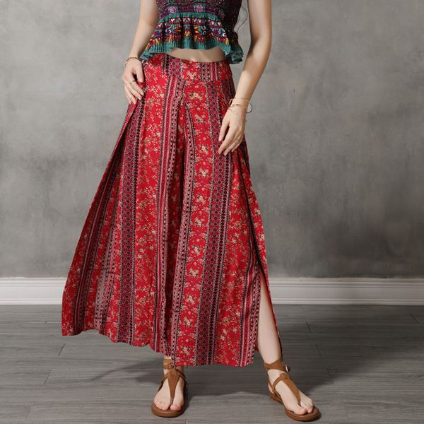 

women's 2021 black friday summer new cotton and linen printed wide-leg pants fashion slit loose trousers 2221, Black;white