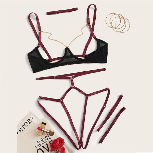 

exquisite mesh bra+garter+briefs set babydoll cut-out sleepwear temptation lingerie pornset y200708, Red;black