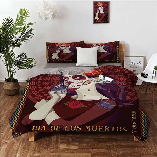 

dia de los muertos print woman with calavera makeup spanish rose artworkbedding 3-piece set