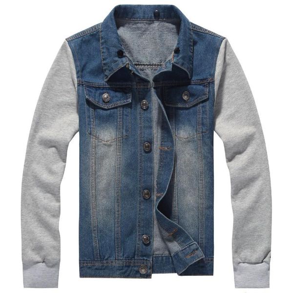 

hoodie men denim coat 2021 spring new detachable hat fashion patchwork knitting sleeve casual jeans blue jacket, Black;brown