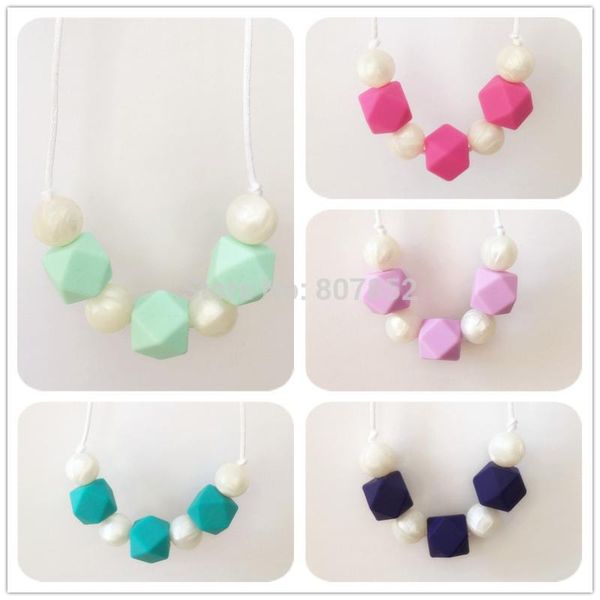 

chains 2pcs/lot bpa diy silicone baby safe dummy teething necklace hexagon beads teether jewelry for fashiona mom to wear, Silver