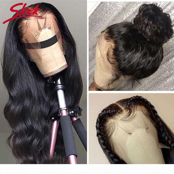 

sleek peruvian remy 360 frontal 28 30 body wave 4x4 pre plucked lace front human hair wigs, Black;brown
