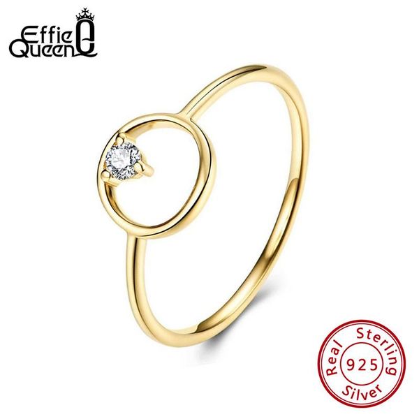 

effie queen simple design hollow round circle rings gold color with zircon 100% 925 silver finger ring jewelry party gift sr191, Golden;silver