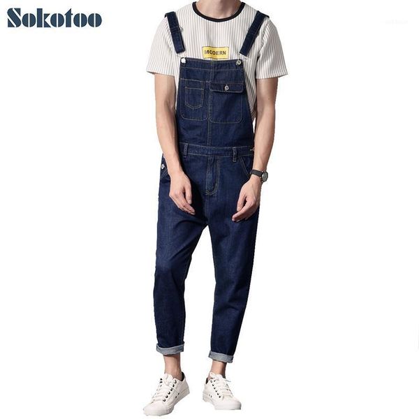 

sokotoo men's casual pocket dark blue denim bib overalls long jeans jumpsuits1
