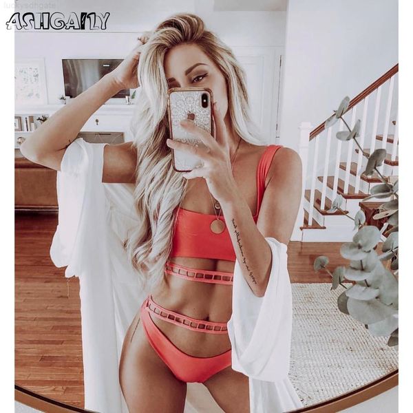 

high female swimsuit waist 2020 women swimwear two-pieces bikini set solid bather bathing suit swim t200708, White;black
