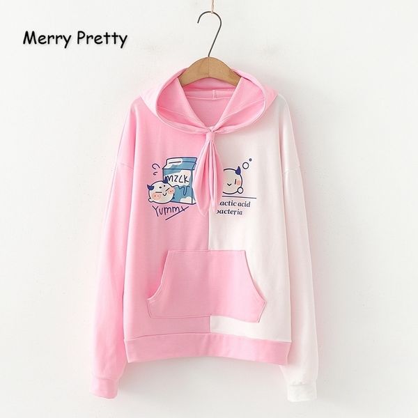 

merry pretty women cartoon print pink hooded sweatshirts winter long sleeve tie collar hoodies femme harajuku pullovers 201202, Black