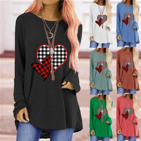 

plus size valentines day women long sleeve t shirts plaid heart printing t-shirt pullovers sports sweatshirt autumn blouse hh11907, White