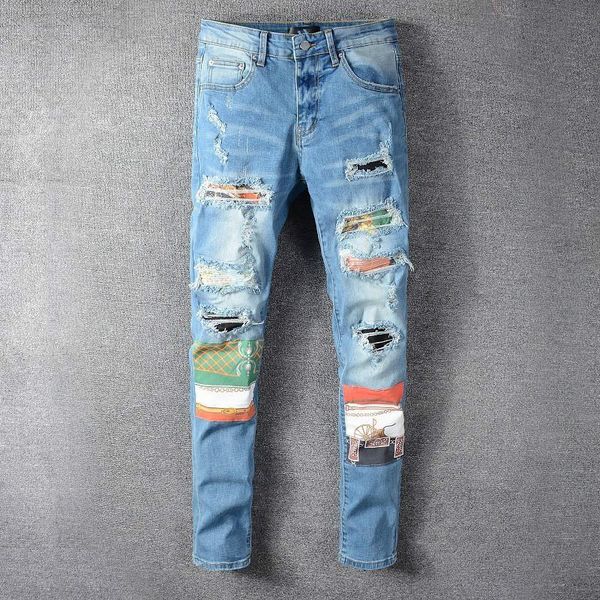 

урожай лоскутная отверстия голубые джинсы мужчины slim fit дизайнерские royal pattern джинсы брюки мужчины большой размер hip hop party брюк, Blue