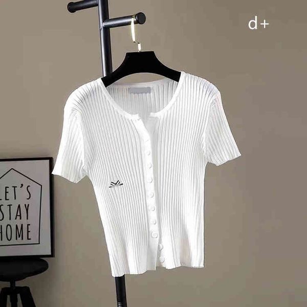

2022 factory wholesale new 21 summer bee letter embroidery knitting cardigan slim t-shirt short sleeve, White