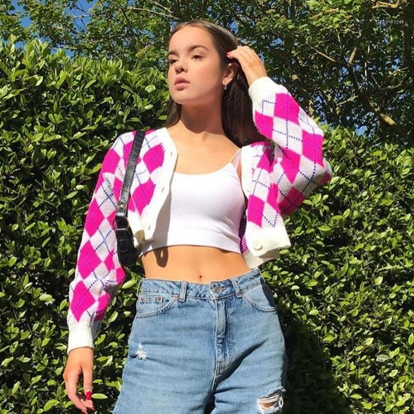 

autumn wild argyle printed cardigan long sleeve v-neck single-breasted loose casual wild short sweater for women ladies1, White