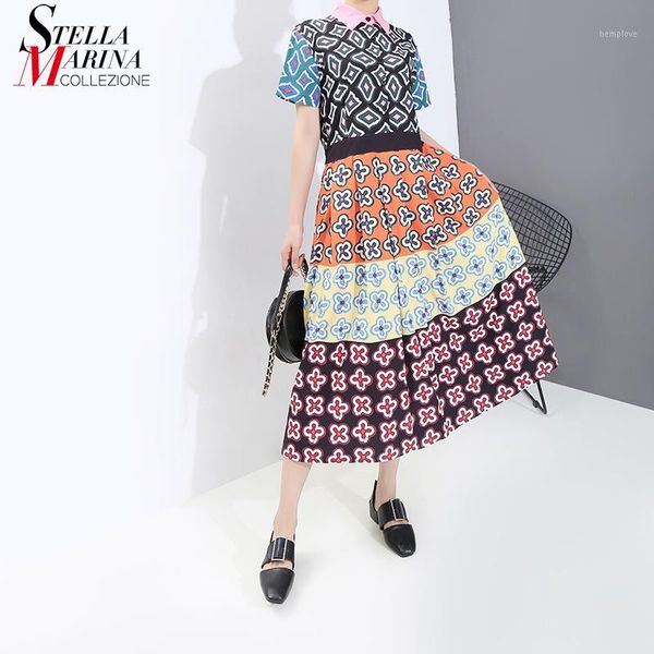 

new koran style 2020 women summer multicolor printed shirt shirt a-line lapel ladies cute wear long dress casual vestidos 60951, Black;gray