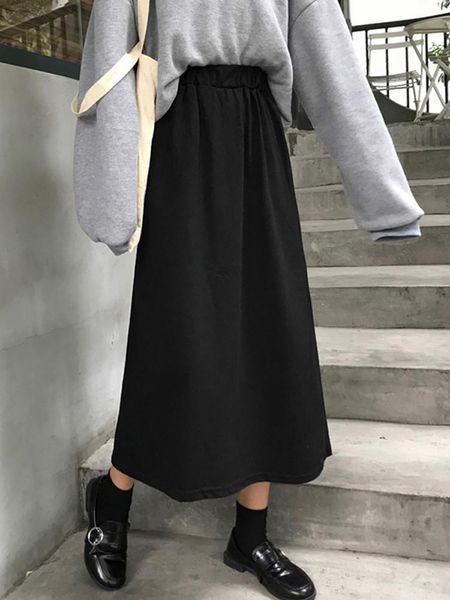 

skirts 2021 hip covering skirt high waist mid length spring student long thin female black a-line
