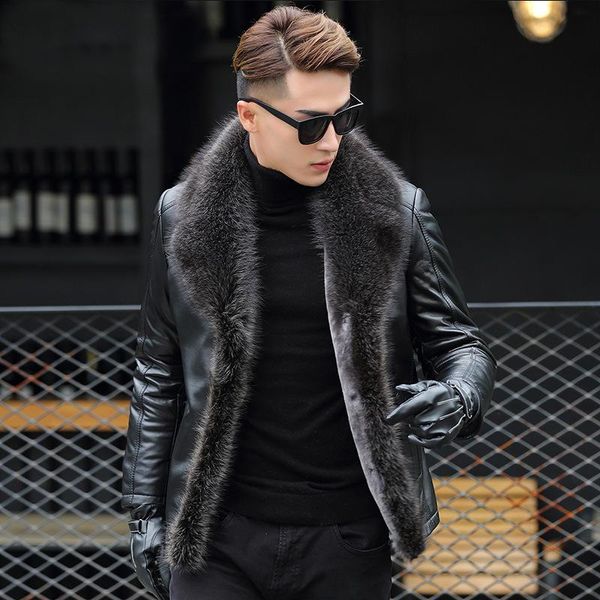 

leather leather male raccoon fur collar fur one man with thick jacket winter coat of cultivate morality, Black