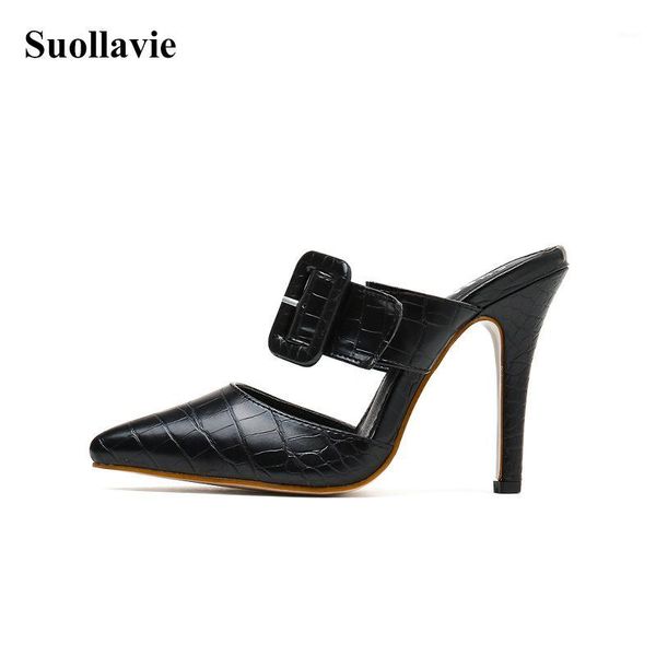

slippers suollavie 2021 elegant women sandals buckle strap ladies high heels fashion cover heel shoes gladiator slides shoes1, Black
