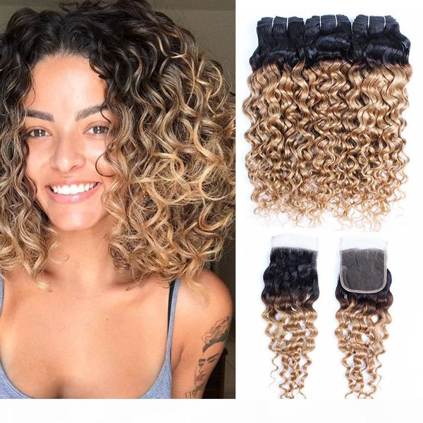 

1b 27 ombre blonde curly hair bundles with closure brazilian water wave hair 4 bundles with lace closure remy human hair extensions, Black;brown