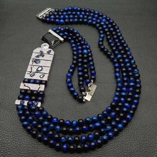 

20" round blue tiger's-eye necklace cz pave connector 0927, Silver